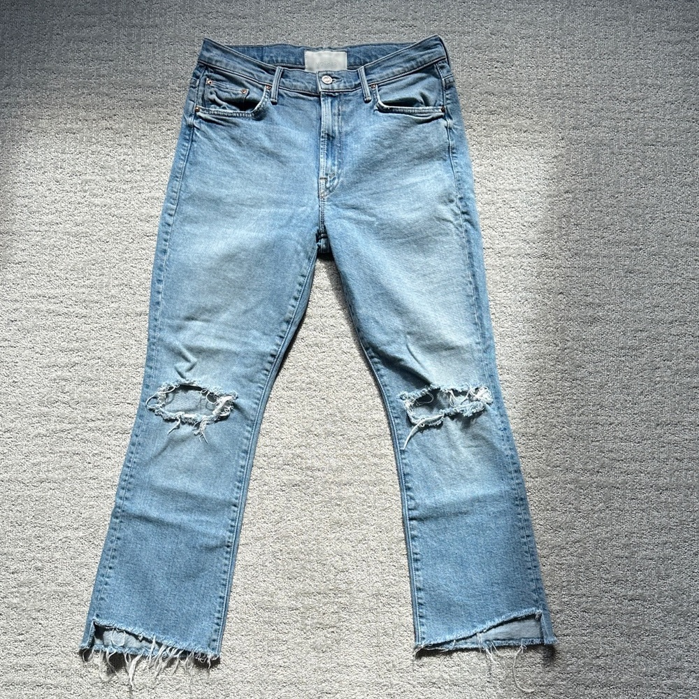 MOTHER Light Blue Straight Leg Jeans with Distressed Knees - Picture 2 of 7
